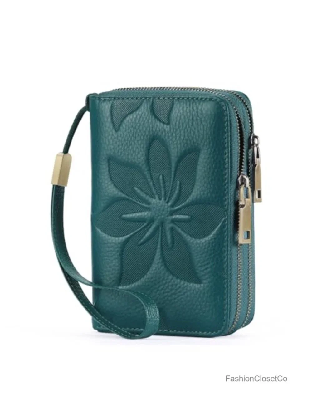 Medium Double Zip RFID Wristlet Wallet 16 Card Slots Removable Strap
